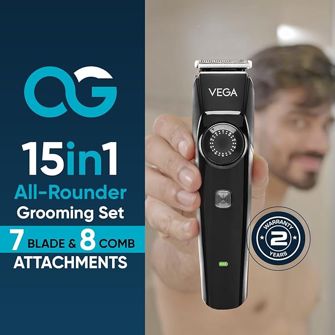 Vega OG 15 in 1 Trimmer for Men | Men Beard |All Rounder Grooming Set with 3 Hrs Non-Stop Runtime | for Body, Man- Face, Nose & Private Parts | USB Type C, 2 Year Warranty, (VHTH-37)