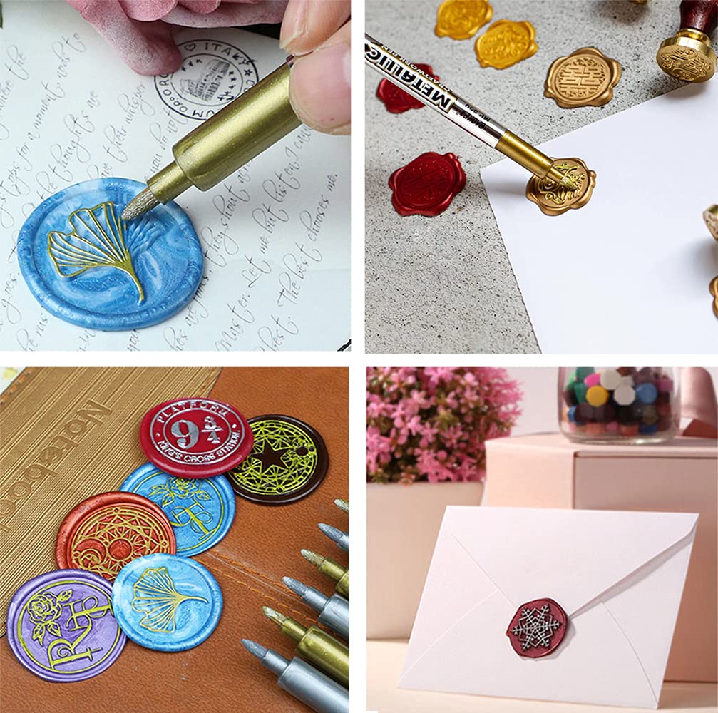Wax Seal Pen Kit, ART & CRAFT 12 PCS Metallic Marker Pens Wax Seal Pens Set for Wax Seal Stamp Decorate,Books Painting,Card Making, Metal and Ceramics Glass.