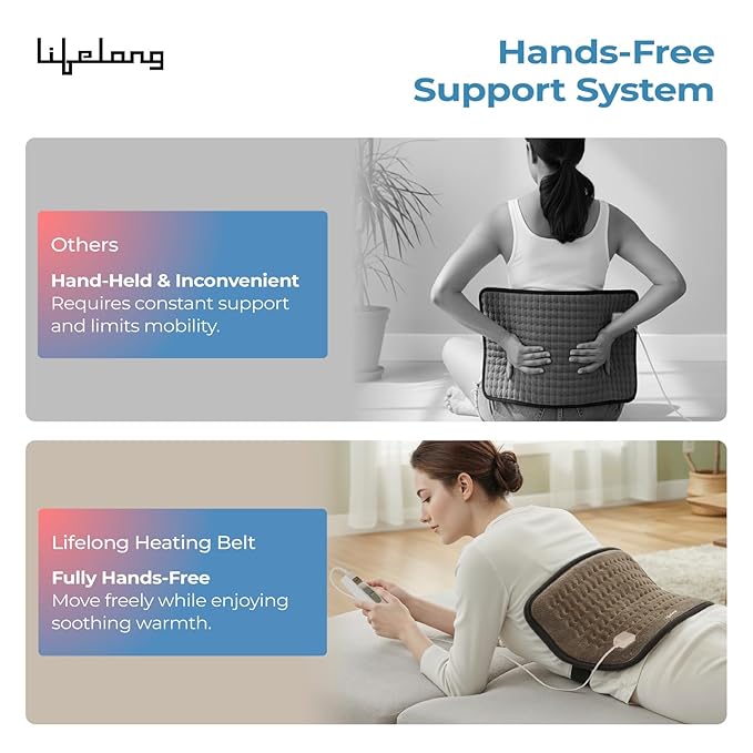 Lifelong Electric Heating Belt for Pain Relief | Heating Pad for Back, Shoulder, Knee, and Period Cramps | 3 Heat Settings with Auto Shut Off | 4-Layer Insulation for Safe & Comfortable Use (LLHB120)