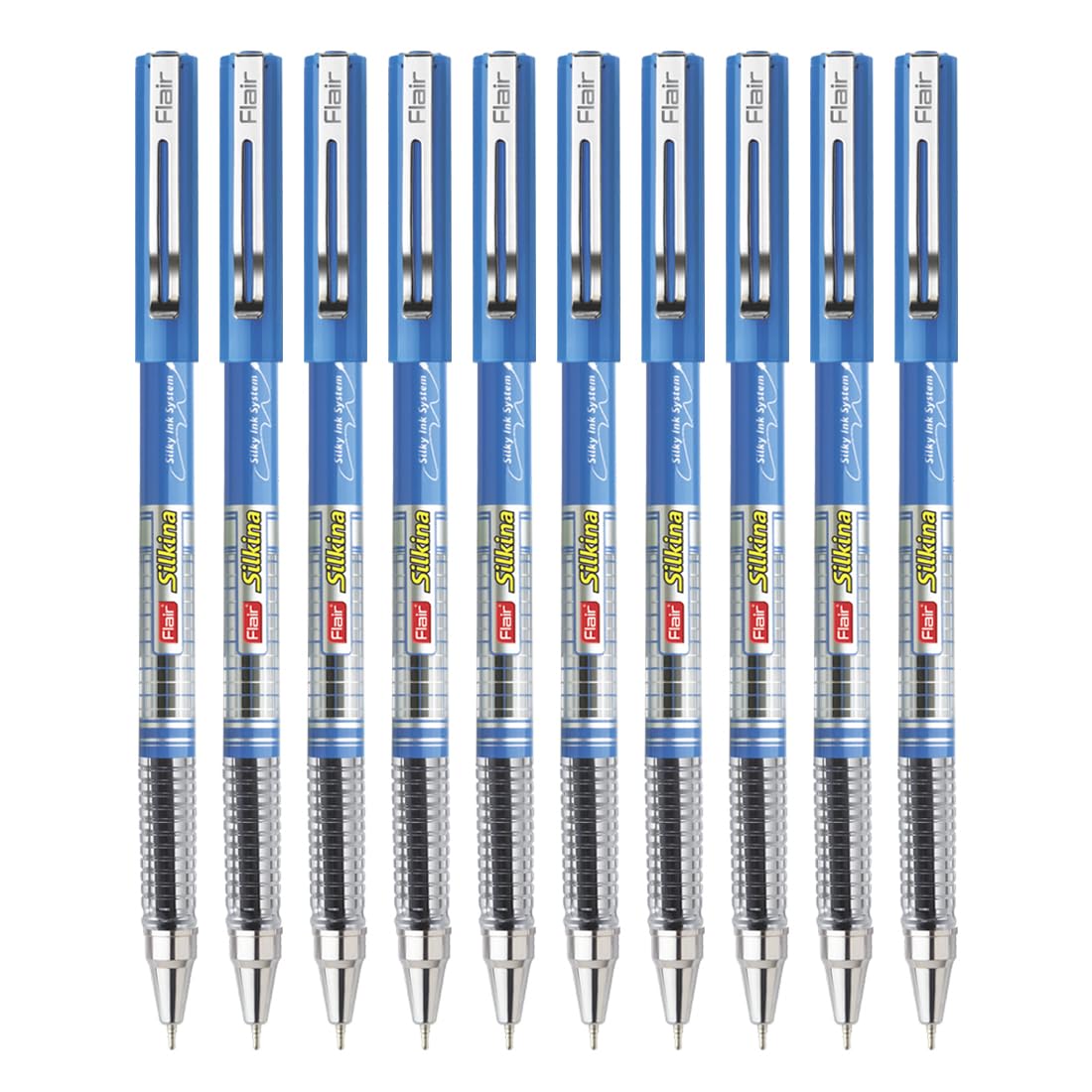 FLAIR Silkina Fine Tip Ball Pen Pack | Tip Size 0.7 mm | Comfortable Grip for Smooth Writing | School and Office Stationery | Blue Ink, Pack of 10