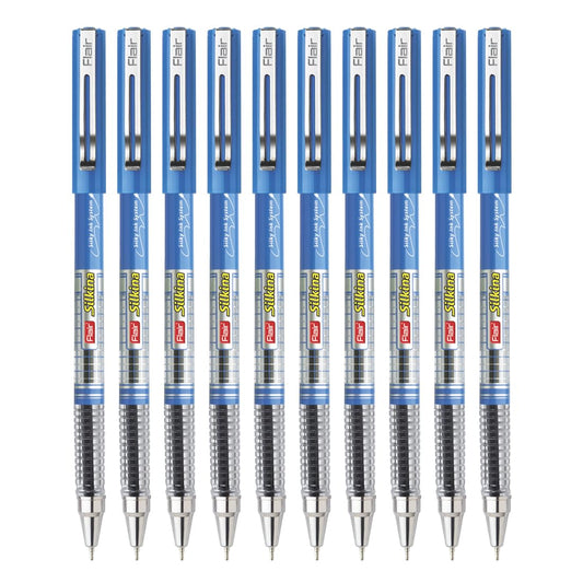 FLAIR Silkina Fine Tip Ball Pen Pack | Tip Size 0.7 mm | Comfortable Grip for Smooth Writing | School and Office Stationery | Blue Ink, Pack of 10