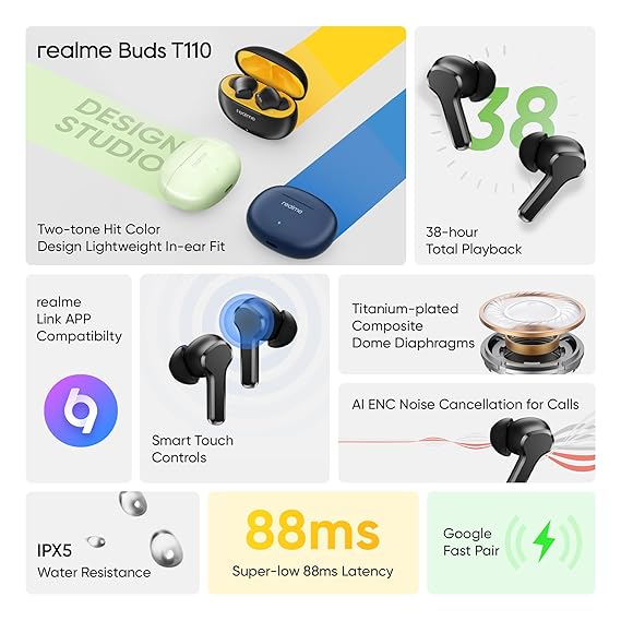 realme Buds T110 Bluetooth Truly Wireless in Ear Earbuds with mic, AI ENC for Calls, Google Fast Pair, 38 Hours Total Playback