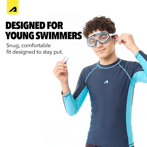Boldfit Swimming Goggles for Kids, Boys With Adjustable Strap, UV Protection, Antifog Goggles for Swimming Girls Air Tight with Free Ear & Nose Plug - Blue Black (ASL)
