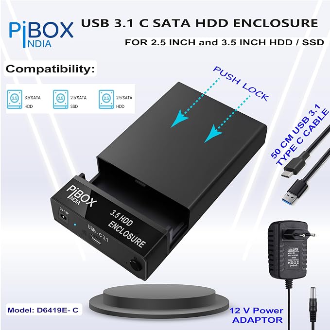 Hard Drive Enclosure Type C, PiBOX India USB 3.1 External Hard Drive Docking Station for 3.5/2.5 Inch SATA Hard Drives/SSD with 16 TB+, Tool-Free HDD Enclosure 12V/2A Power Supply UASP Acceleration (SD)