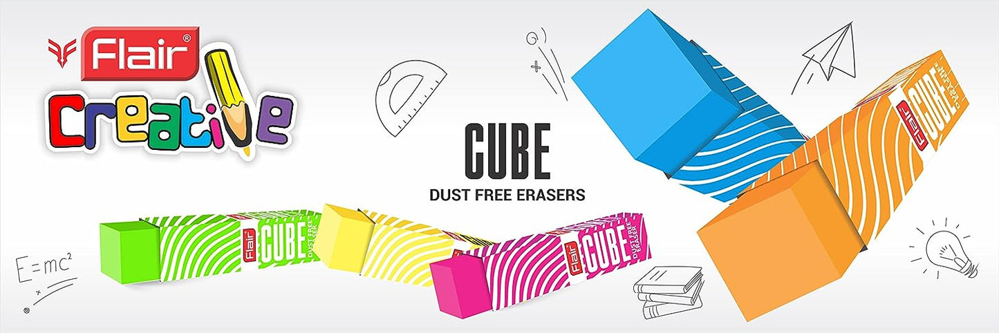 Flair Creative Series Cube Eraser Box Pack | Neat & Dust Free Erasing | Neon Color Erasers | Stationery Gift Item For Kids & Students | Safe For Children | 5 Different Body Colors | Pack of 20 Erasers