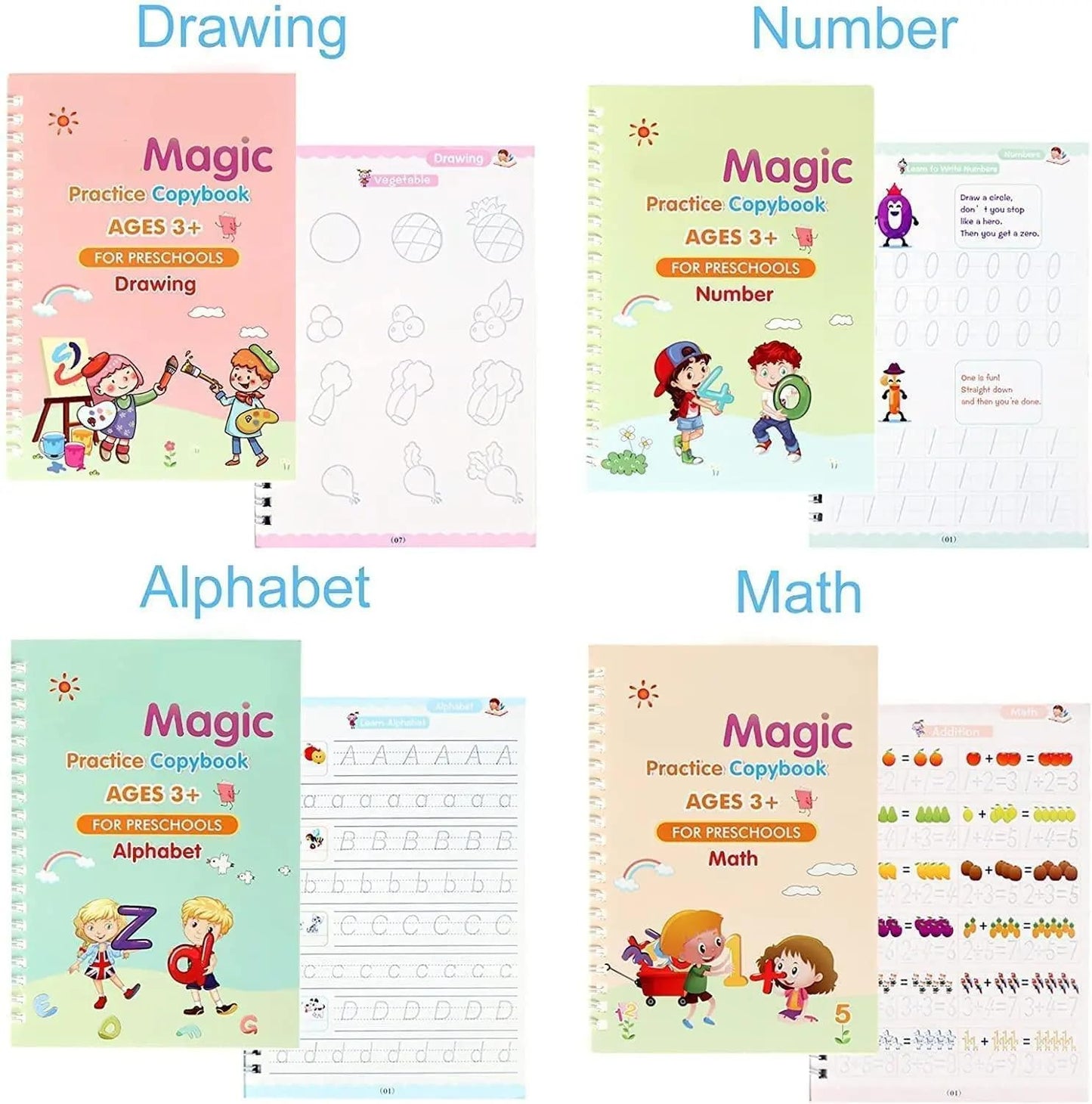 AMKAY Magic Groove Practice Copybook, (4 Book + 10 Refill) Number Tracing Book for Preschoolers with Pen, Magic Calligraphy Copybook Set Practical Reusable Writing Tool Simple Hand Lettering