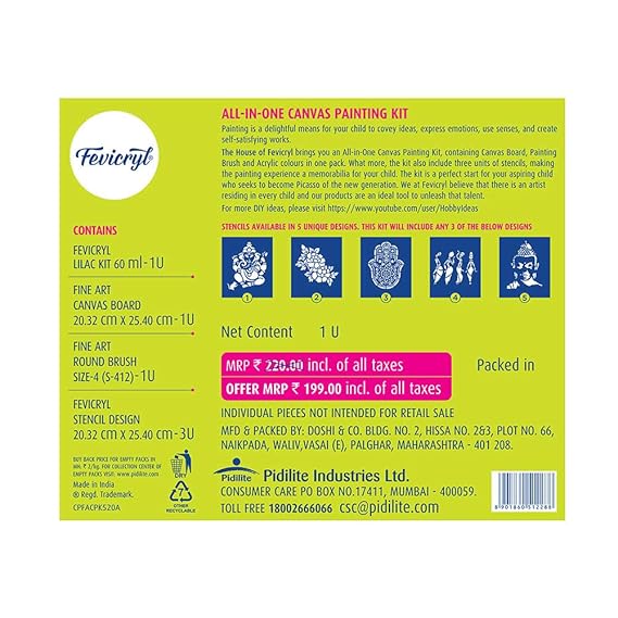 PIDILITE All in One Canvas Kit (1 Canvas, 1 Brush, 1 Lilac Colour Kit, Stencils