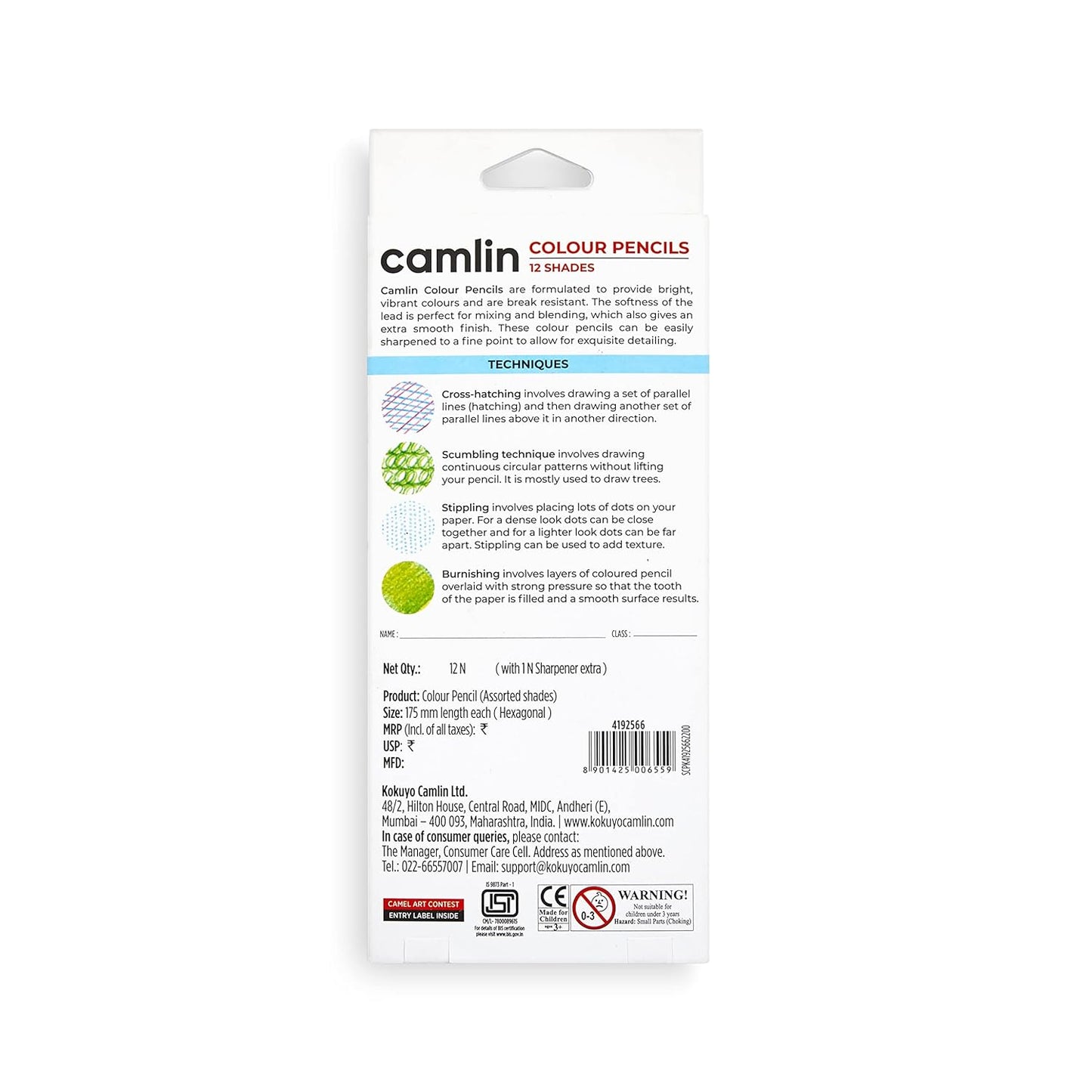 Camlin Colour Pencils- Assorted 12 Shades with Sharpener, Full Size
