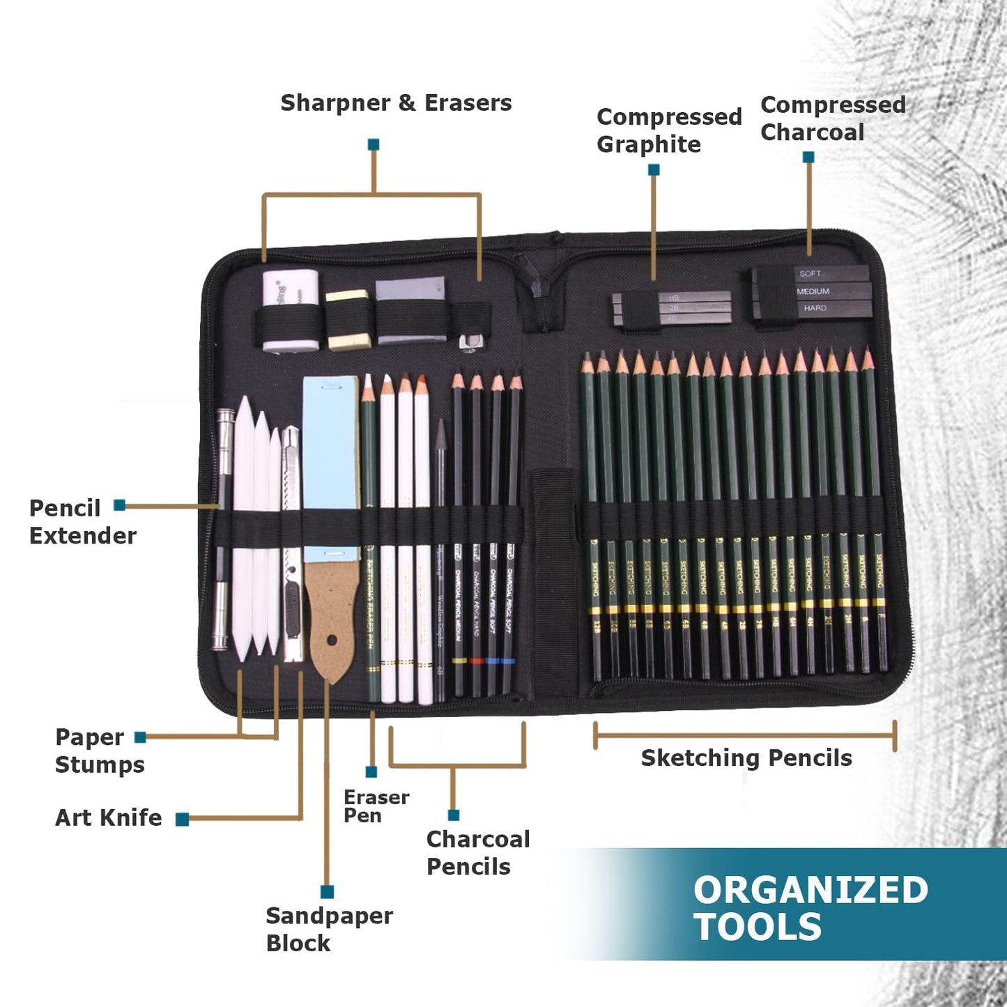 ART & CRAFT 42 Pcs. Professional Art Sketching Kit Graphite Charcoal Drawing Pencil Set for Artist Kit Painting Shading Sketch Kit for Kids and Adults with Zipper Carry Case
