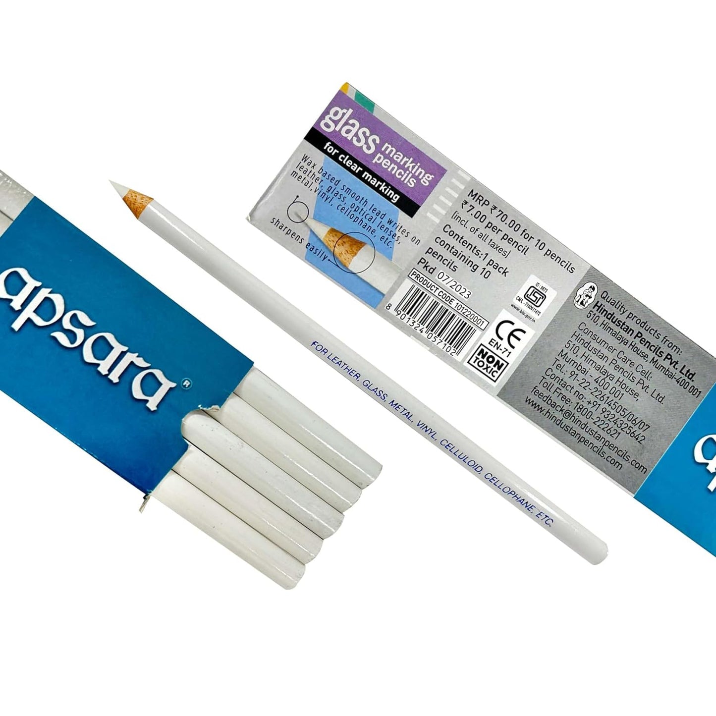 Apsara Glass Marking Pencils, Long-lasting Use, Made of Quality Wood Material, Resistant to Water & Fading, Smooth & Practical to Use, Easy for Marking- White (Pack of 10)