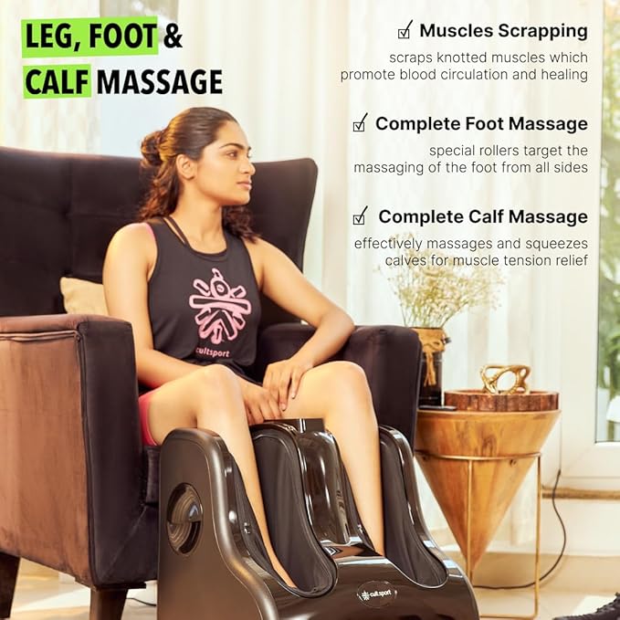 Cultsport Carson for Foot, Calf & Leg Massager for home with Heat and Vibration, 80W, 4 Motors Rolling & Kneading Functions for Pain Relief, Blood Flow Control, Black