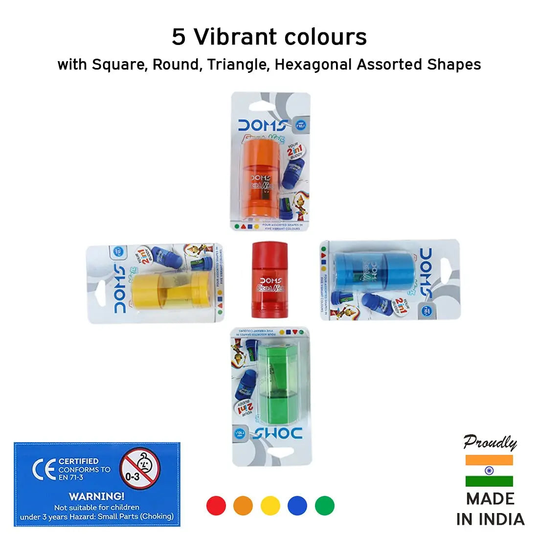 Doms ErasNer Eraser + Sharpner Blister Pack | Durable & Strong Built Quality | 4 Different Shapes in 5 Vibrant Colors | Scientifically Angled Blade with Anti-Rust Coating | Pack of 20 Pieces - Image #5