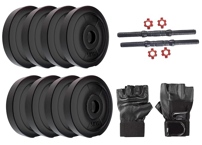 Dumbbell Set, 10Kg Adjustable Dumbbell Set With 1 Pair of Adjustable Red Dumbbell Rods, PVC Dumbbell Plates & 1 Pair Gym Gloves, Home Gym Combo, Exercise & Fitness Sets (ALS)