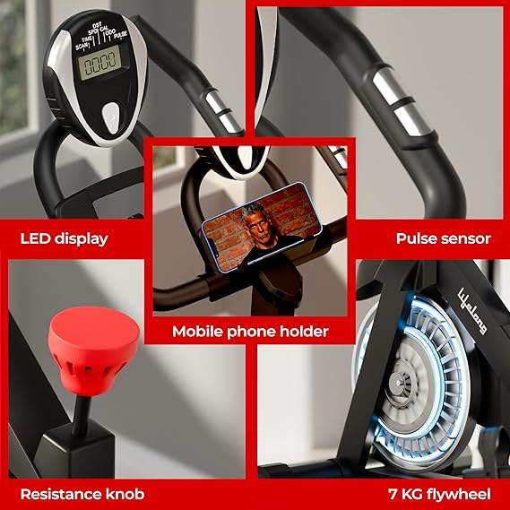 Lifelong Fit Pro Spin Fitness Bike for Home | Exercise Bike for Cardio Workout with 7 KG Flywheel, Adjustable Resistance & LED Display | Cushioned Adjustable Seat | Non-Slip Pedals | Max User Weight 120 KG (ASL)