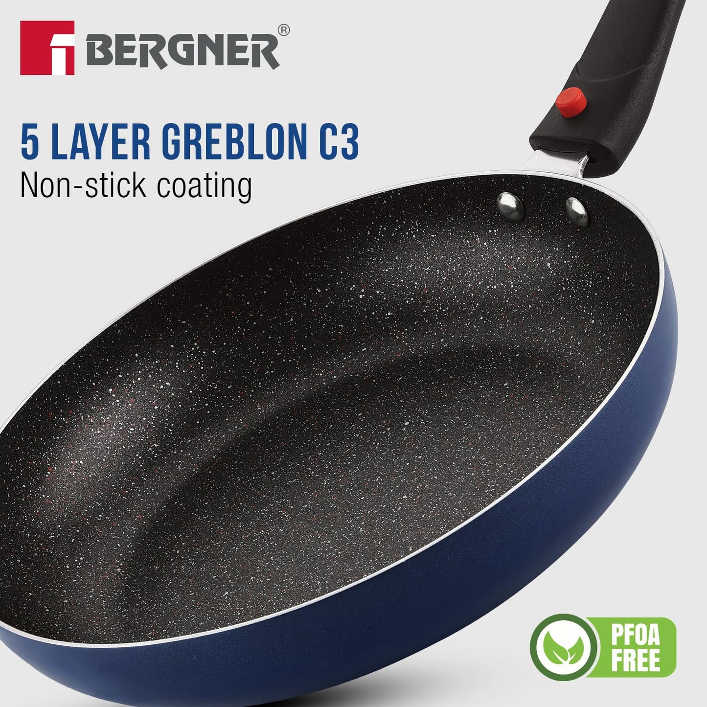 Bergner Sherry Plus 5-Layer Non-Stick Coating 6 Pcs Cookware Set with Induction Bottom and Detachable Handle, 24cm/2.5L Kadai with Lid, 24cm/1.6L Frypan, 25cm Dosa Tawa, 2 Nylon Spatulas(RD)
