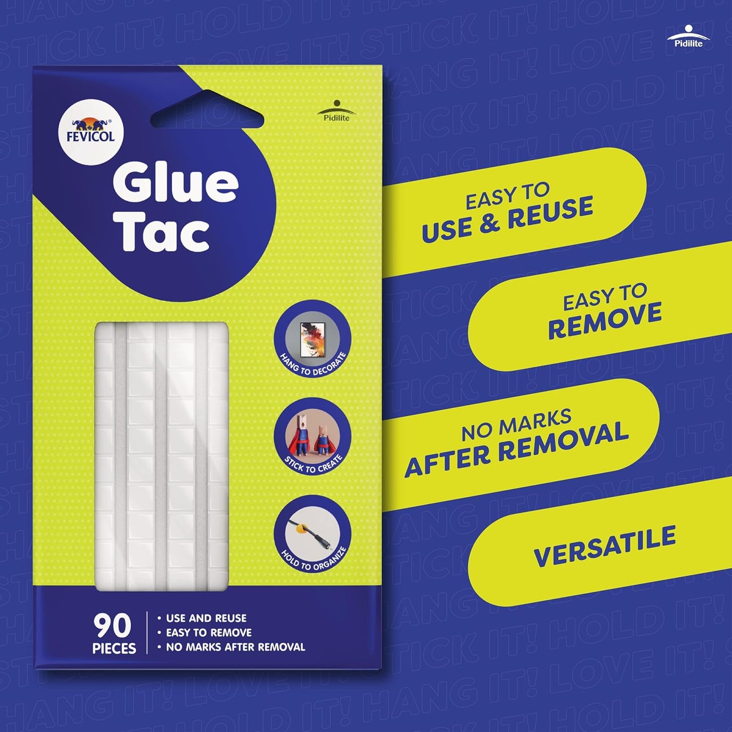 Fevicol Glue Tac 90pcs, 50g - Reusable, Removable, Mouldable Glue | For Decorating, Crafting, Organising | Art & Craft |Easy to Tear | Ideal for Kids, Hobbyists, School Projects
