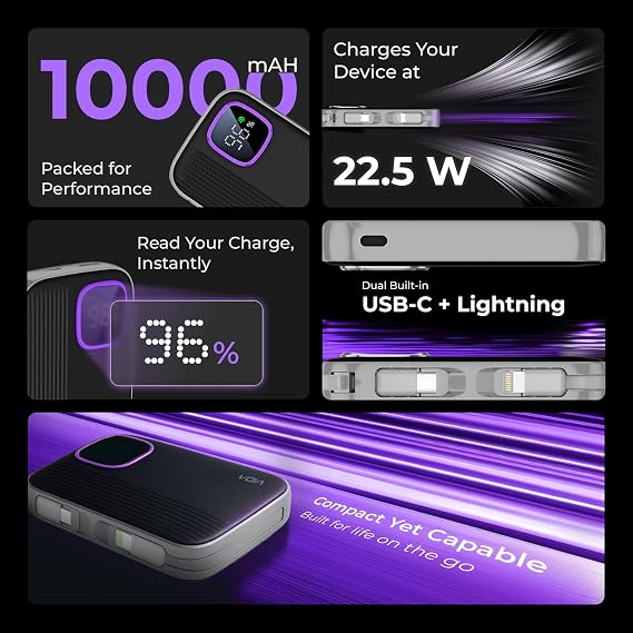 VIDA VoltBox 10-10000mAh Power Bank, 22.5 W Fast Charging, Digital LED Display, Integrated USB-C & Lightning Cables, Compact Portable Charger for Mobile Phones, Tablets, Cameras & Speakers (SD)