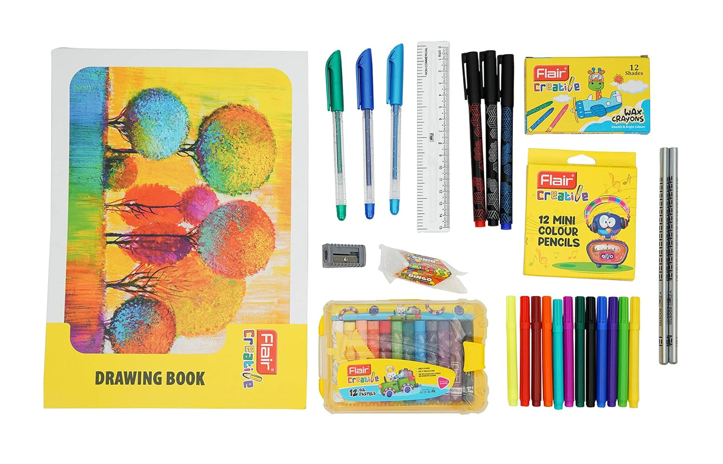FLAIR Creative Series Art Club Combination Smart Kit | With Free Zipper Bag | Non-Toxic & Safe for Childrens | A Complete Coloring Kit | 12 Products & 17 Units, Body Color of Bag May Vary