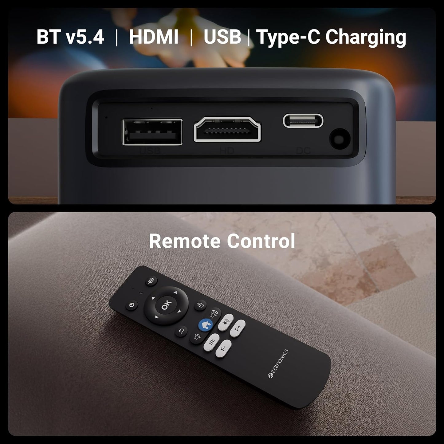 Zebronics Android Portable Smart Projector, 1080p Support, 3600 Lumens, 150" Screen, OTT Apps (Netflix, Prime), Miracast, WiFi, BT, HDMI, Built-in Battery, 2hr Playtime (TS)