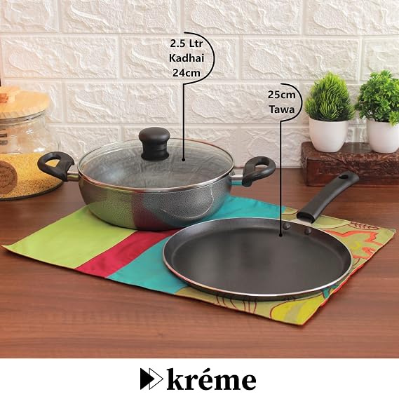 Kreme Non Stick Cookware Set 4pcs | Aluminium Cookware Set Combo | Non Stick Flat Tawa, Fry Pan, Sauce Pan, Kadhai with Lid | Uses Less Oil | Non-Induction Base | Gas Stove Compatible Kitchen Set