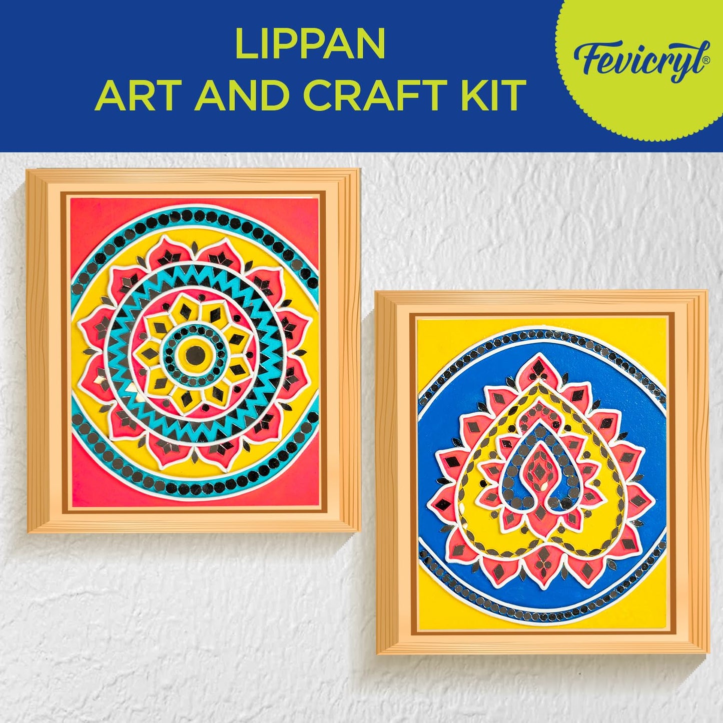Fevicryl DIY Art of India Lippan Art | Acrylic Paints - 12 Shades| Set of 2 Round Brushes | Pre-Designed Canvas Mould It & Fabric Glue | Best Gift for Children Above 10 Years
