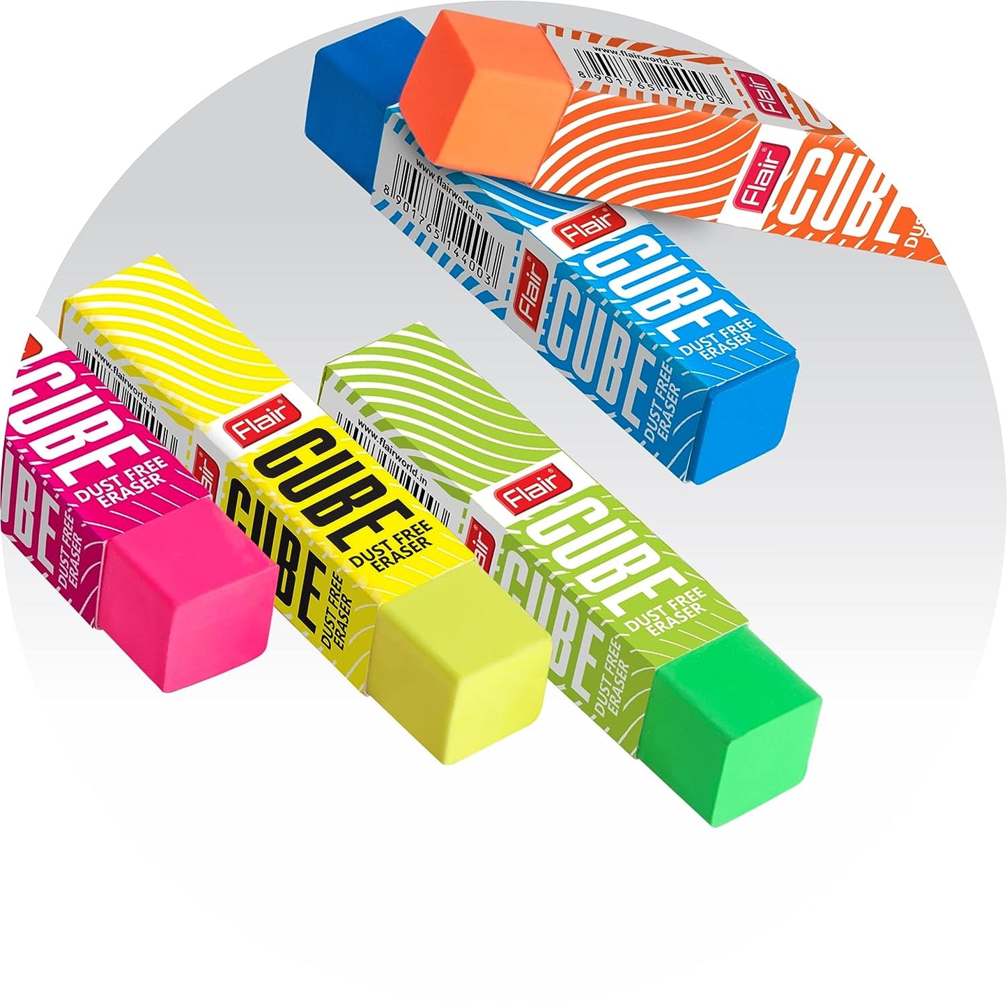 Flair Creative Series Cube Eraser Box Pack | Neat & Dust Free Erasing | Neon Color Erasers | Stationery Gift Item For Kids & Students | Safe For Children | 5 Different Body Colors | Pack of 20 Erasers