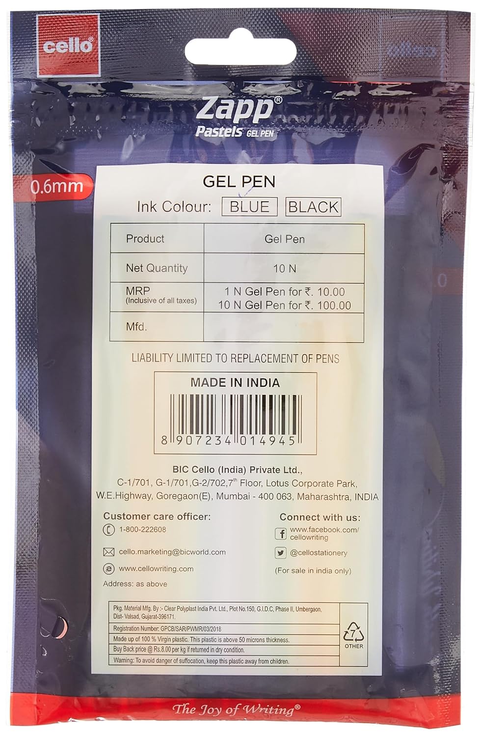 Cello Zapp Pastels Gel Pens| 10 Blue Gel pens| Gel Pens Set for Students | Gel Pens for School Use| Gel Pens for Writing Pens
