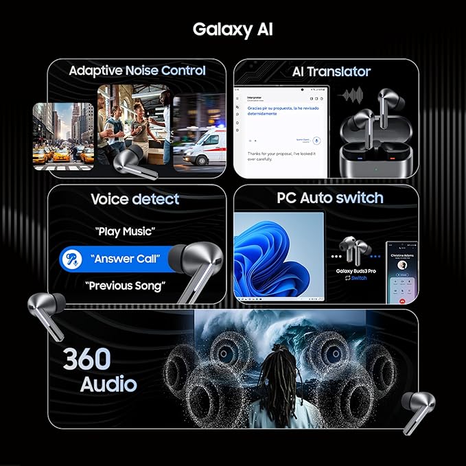 Samsung Galaxy Buds3 Pro Wireless Earbuds, Powered by Galaxy AI, IP57, Active Noise Cancellation, Adaptive Noise Control, 37hrs Battery, 360 Surround Sound, Pinch Controls, Galaxy Ecosystem, (TS)