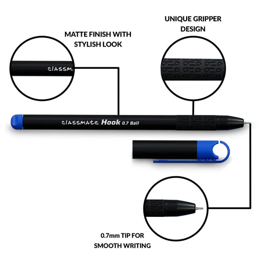Classmate Hook- Blue & Black Ball Pens |Smooth & Fast Writing Ball Pen | Unique Griper for Writing Comfort|Attractive Body Design for Boys & Girls|School & Office Stationery - Image #1