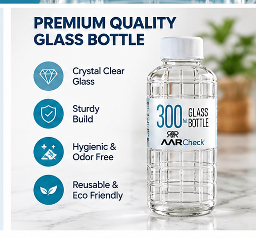 AARCheck Glass Bottle 300 ML with Plastic Lid | Reusable Clear Glass Water Bottle for Juice, Milk & Beverages