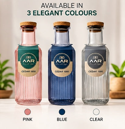 AAR Cedar Glass Water Bottle 1000 ML | Premium Ribbed Glass Bottle with Natural Cork Lid | Reusable Drinking Bottle for Home, Office & Trave
