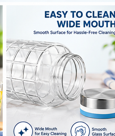 AAR Check Steel Lid Glass Bottle 1300 ML, Blue/White, Leak-Resistant Water Bottle