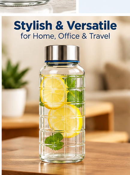 AAR Check Glass Water Bottle 400 ML with Steel Lid | Blue/White Lid | Stylish Check Design | Reusable Bottle for Home, Office & Travel