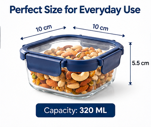 AAR Fresha 320 ML Square Glass Food Storage Container with Lid | Airtight & Leakproof | Borosilicate Glass Container for Kitchen, Snacks, Fruits & Leftovers