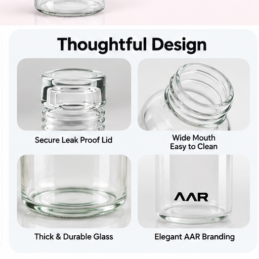AAR Refresh Glass Bottle 300 ML | Reusable Water Bottle | Compact & Stylish Drinking Bottle | Leak-Resistant Lid | For Home, Office, Travel & School