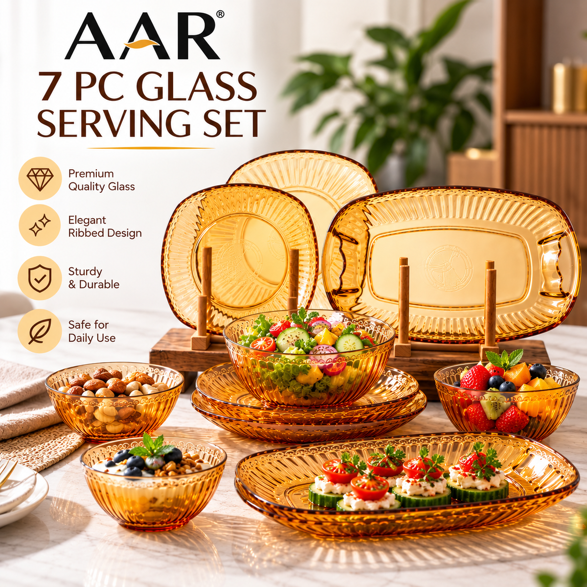 AAR 7 PC Glass Serving Set | Amber Ribbed Glass Plates & Bowls | Elegant Tableware Set for Snacks, Fruits, Desserts & Serving