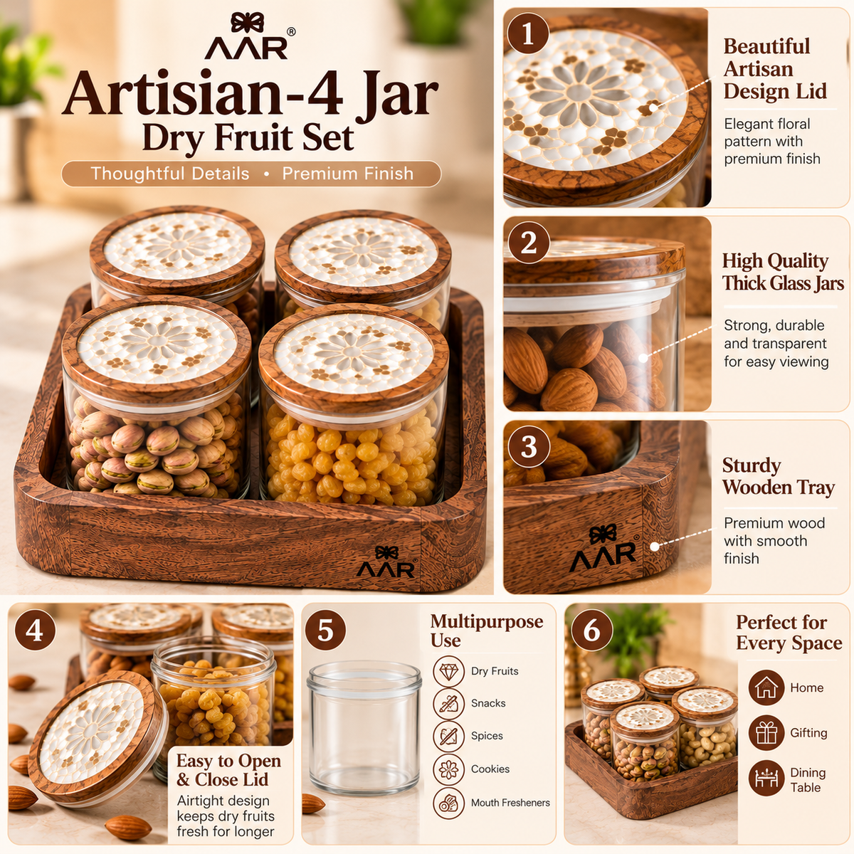 AAR Artisian 4 Jar Dry Fruit Set with Decorative Lids and Wooden Tray for Kitchen Storage and Dining Table