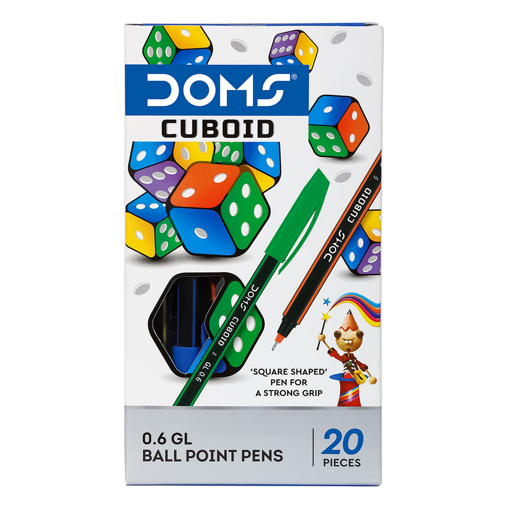 DOMS Cuboid 0.6 GL Ball Pen (Blue, Black, Red, Pack Of 20 Set of 1 Box)