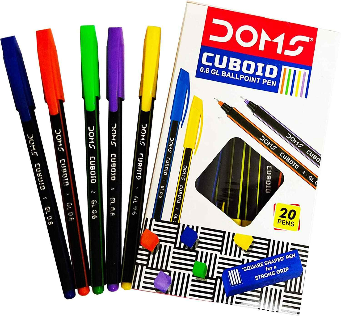 DOMS Cuboid 0.6 GL Ball Pen (Blue, Black, Red, Pack Of 20 Set of 1 Box)