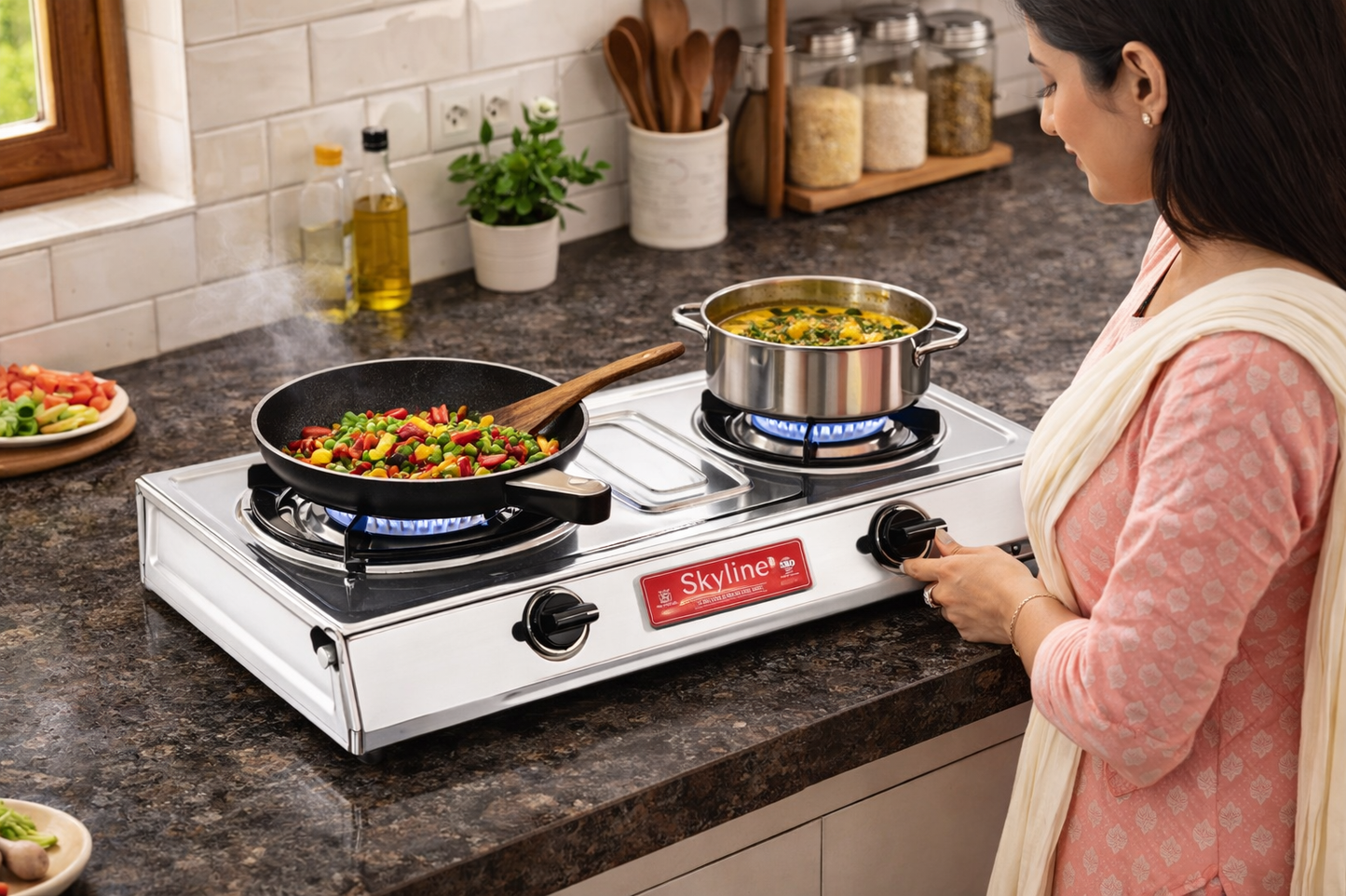 Skyline Stainless Steel LPG Gas Stove VTL-2113 | 2 Burner | Heavy Duty & Efficient Kitchen Stove