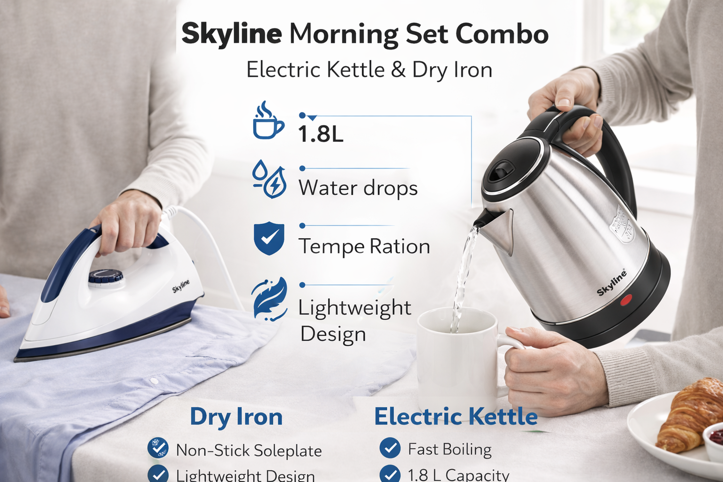 Skyline Morning Set Combo | Electric Kettle & Dry Iron | Fast Boil Kettle + Lightweight Iron for Daily Use