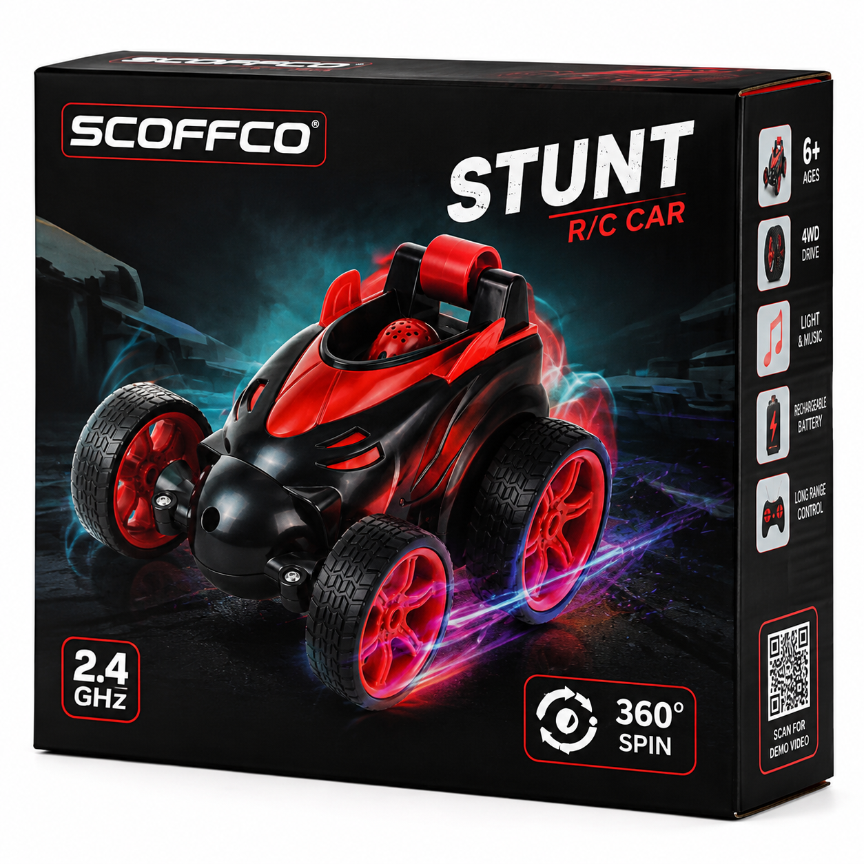 SCOFFCO 368 2.4GHz RC Stunt Car with 360° Flip & Double-Sided Driving | Rechargeable Remote Control Car with USB Charging | Racing Toy for Kids Boys & Girls (6+ Years) (TZM)