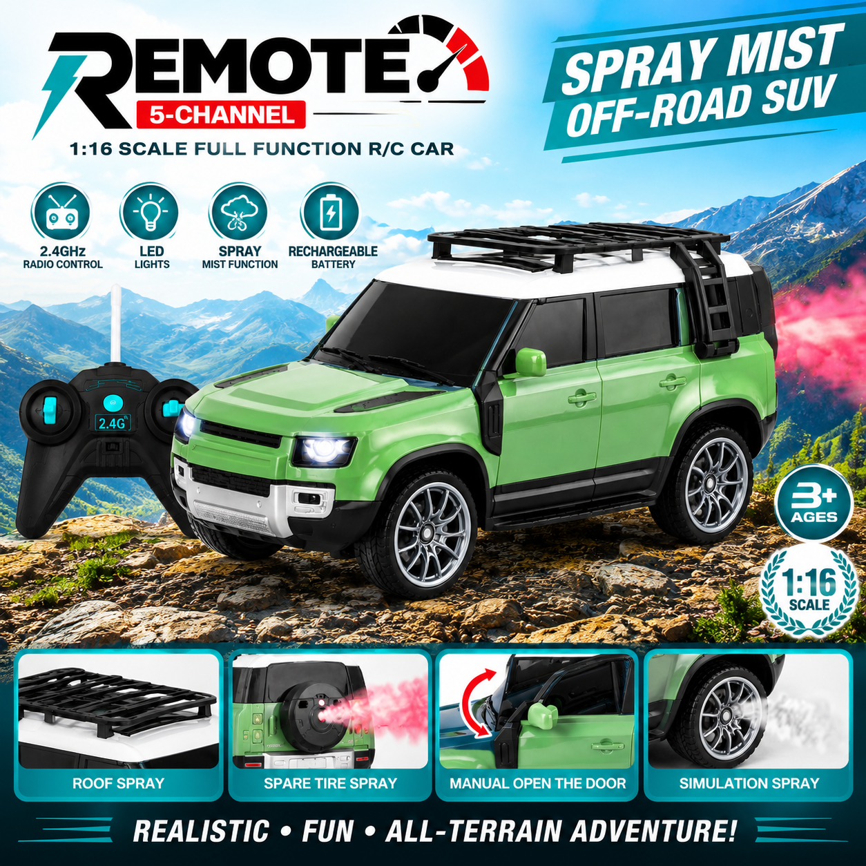 SCOFFCO 8601A-S 1:16 RC Spray SUV Car | Remote Control Off-Road Vehicle with Mist Spray Effect, LED Headlights, 5-Channel Control & USB Rechargeable Battery | Toy for Kids Boys & Girls (3+ Years) (TZM)