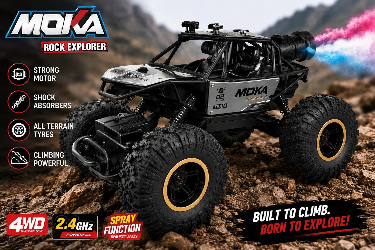 SCOFFCO 2.4GHz 4WD RC Rock Explorer Off-Road Car with Spray Mist, LED Lights & Type-C Rechargeable Battery | Remote Control Monster Truck for Kids Boys & Girls (6+ Years) 2117 (TZM)
