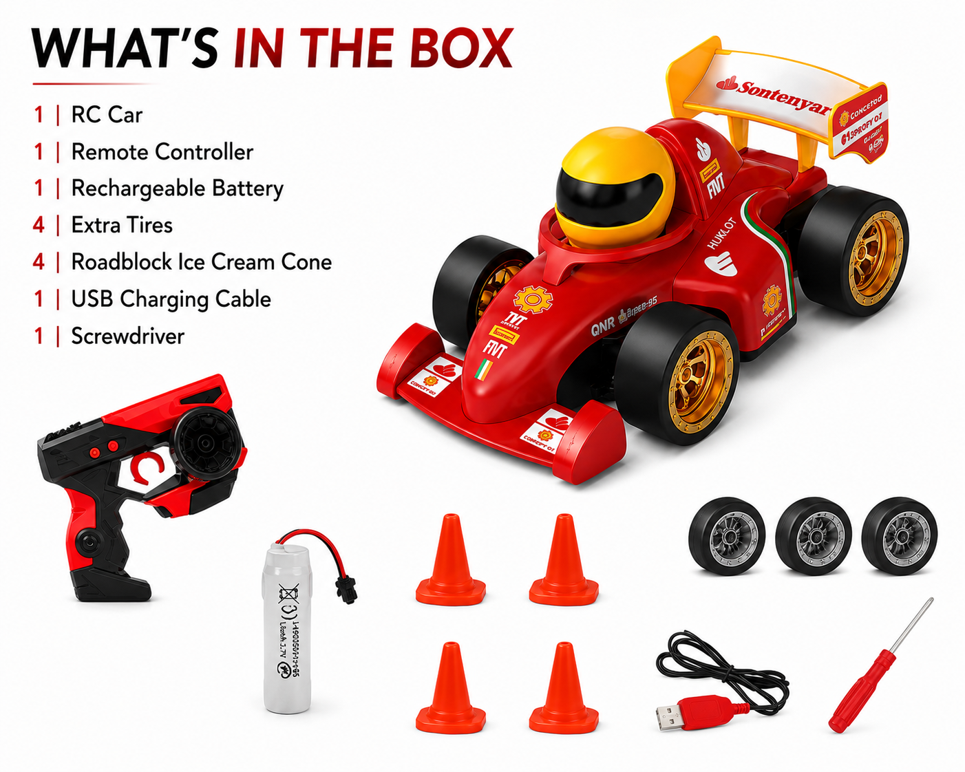 SCOFFCO 33652 2.4GHz RC F1 Formula Drift Racing Car | 4WD Full Scale Remote Control Car with Rechargeable Battery, Drift Tires & Traffic Cones | Racing Toy for Kids Boys & Girls (6+ Years) (TZM)