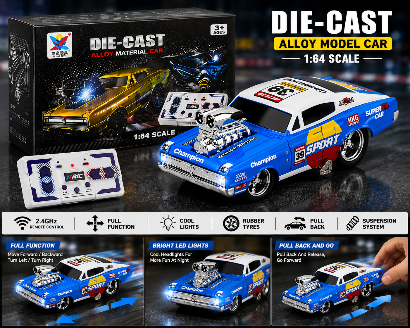 SCOFFCO K507A 1:64 Scale RC Die-Cast Muscle Car | 2.4GHz Remote Control Racing Car | Rechargeable Alloy Model Toy with USB Charging | Kids Boys & Girls (TZM)