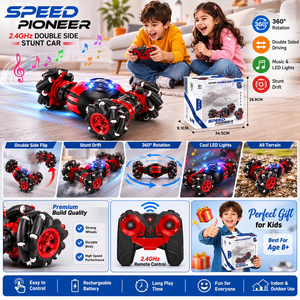 SCOFFCO OS1338 Gesture Sensing RC Stunt Car | 2.4GHz Remote Control 360° Rotating Twist Car | Rechargeable All-Terrain Drift Vehicle | Gift for Kids Boys & Girls (TZM)