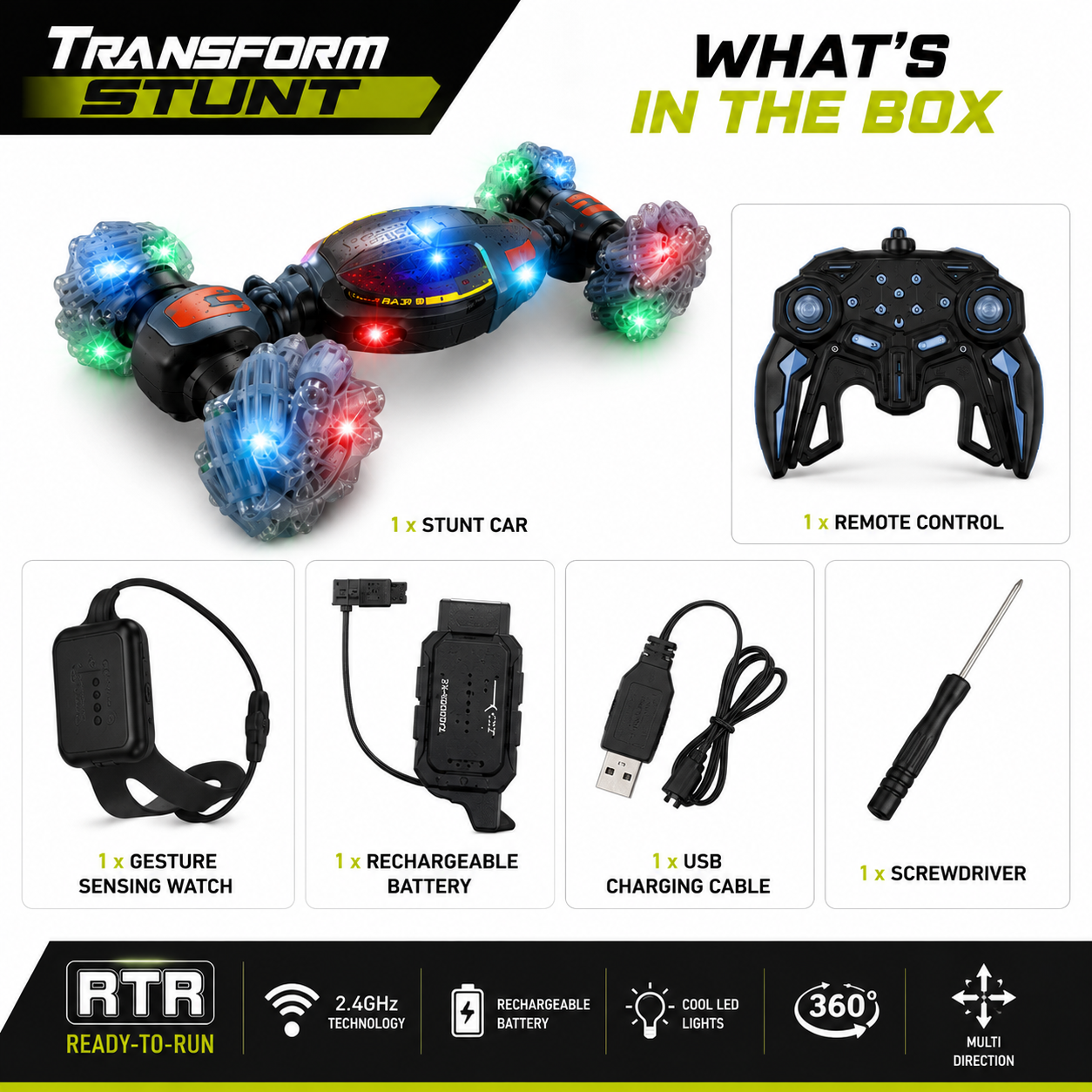 SCOFFCO OS1444 Gesture Sensing Transform Stunt RC Car | 2.4GHz Remote Control 360° Rotating Drift Vehicle | Rechargeable LED All-Terrain Toy | Gift for Kids Boys & Girls (TZM)