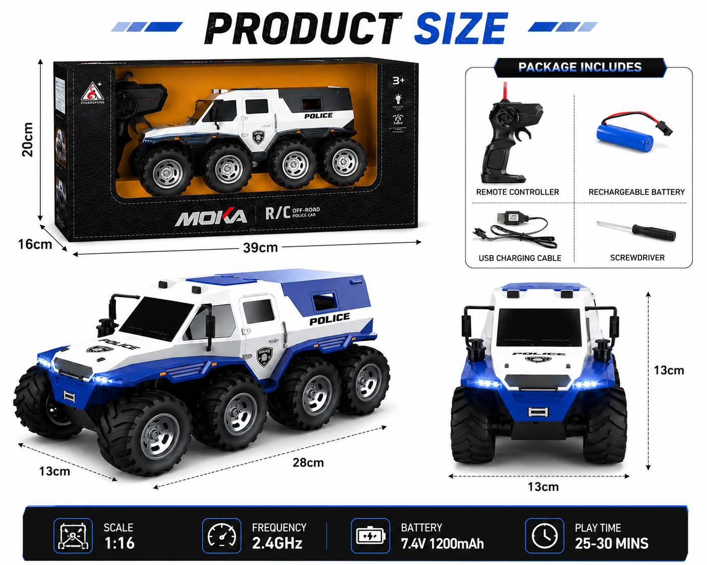 SCOFFCO OS1509 1:16 Scale RC Police Truck | 6-Wheel Off-Road Remote Control Vehicle | Rechargeable High-Traction Monster Truck | Gift for Kids Boys & Girls (TZM)