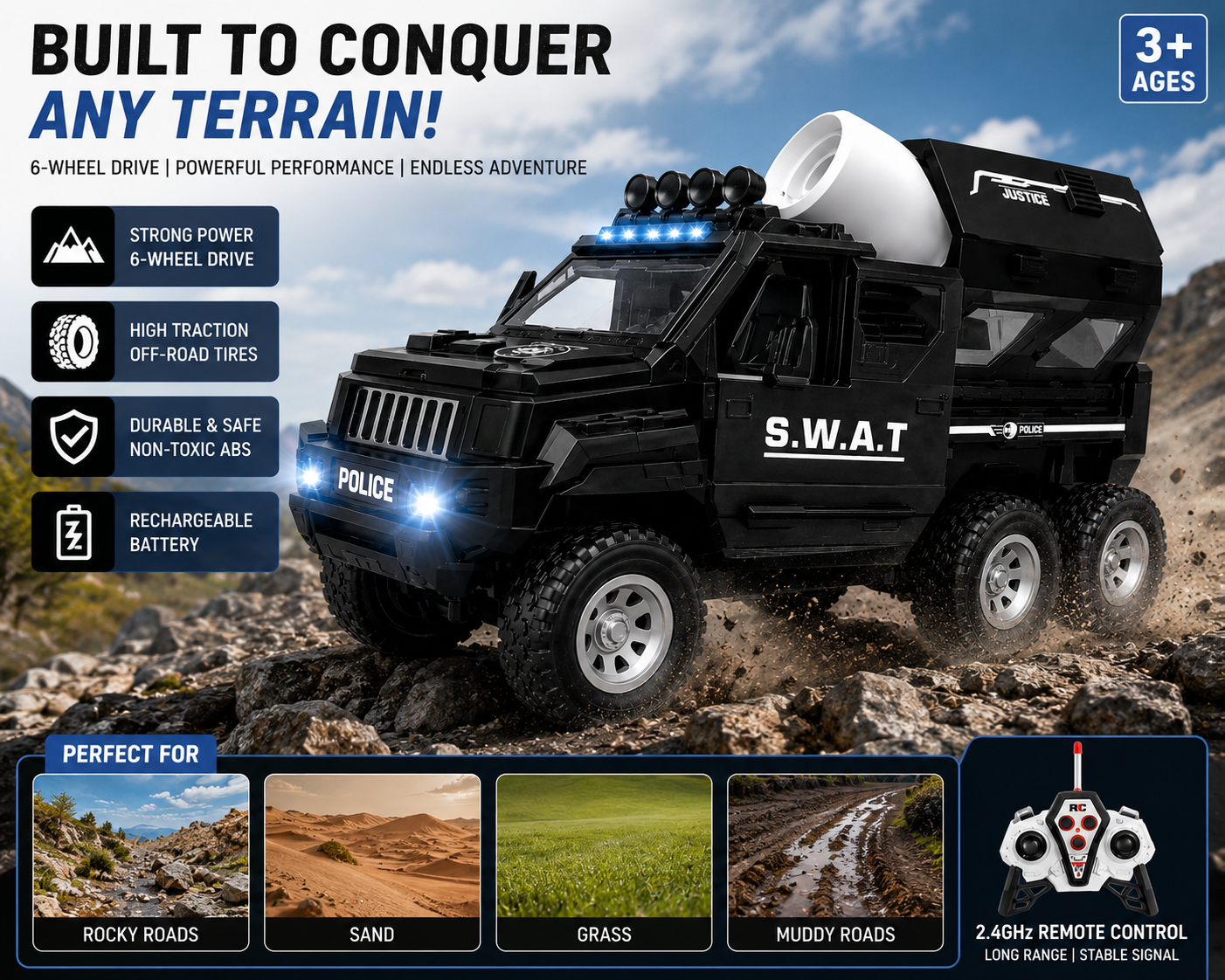 SCOFFCO OS1524 RC SWAT Armored Vehicle | 2.4GHz Remote Control 6-Wheel Police Truck | Rechargeable LED Lights, Sound & Auto Opening Doors | Gift for Kids Boys & Girls (TZM)